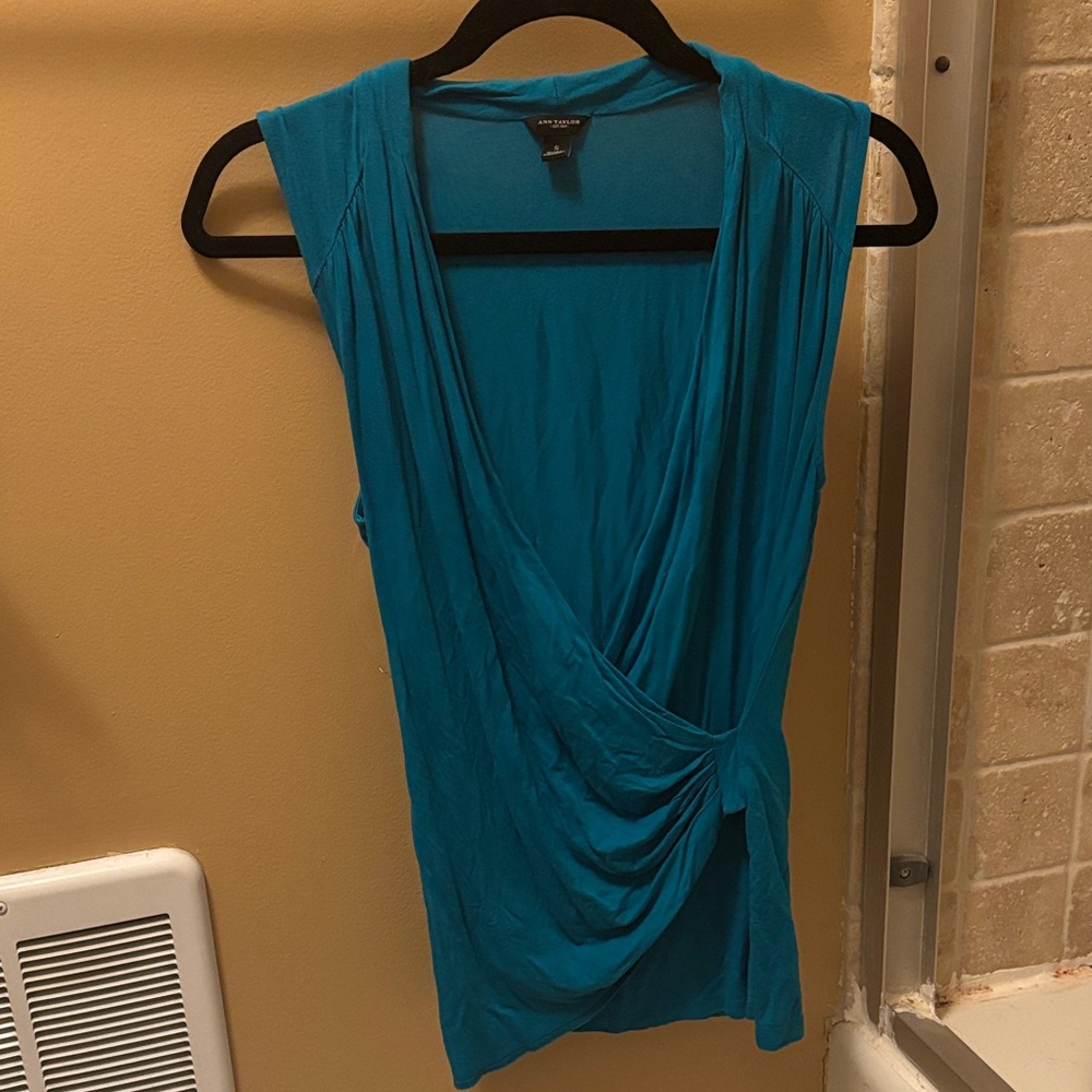 Ann Taylor Teal Sleeveless Wrap Blouse